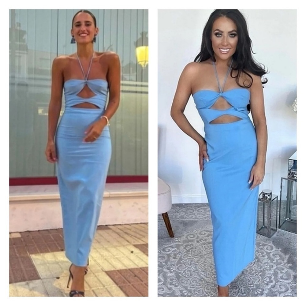 ZARA Blue Cutout Halter Sleeveless Bodycon Midi Cocktail Dress Size XL NWT - Picture 2 of 15